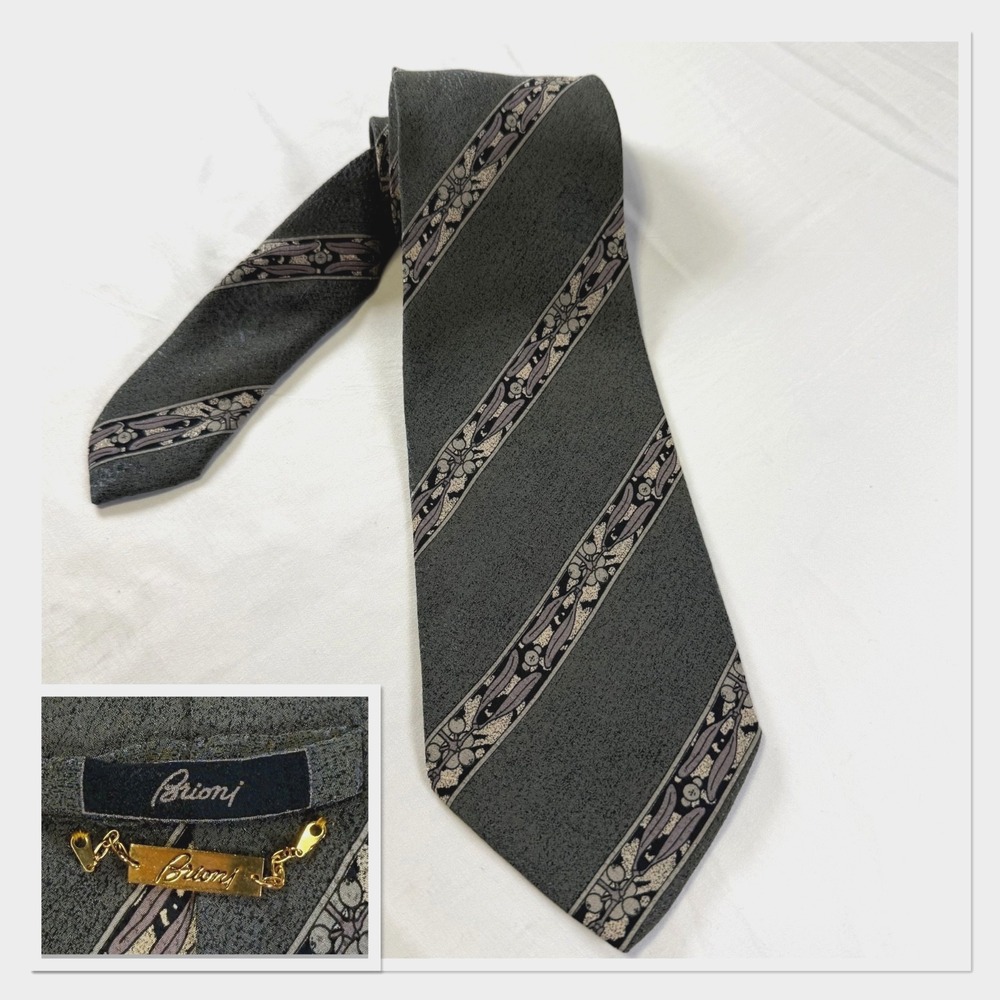 Brioni Roma 100% Silk Woven Floral Geometric Tie Gray Necktie‎ 60"X3-3/4"